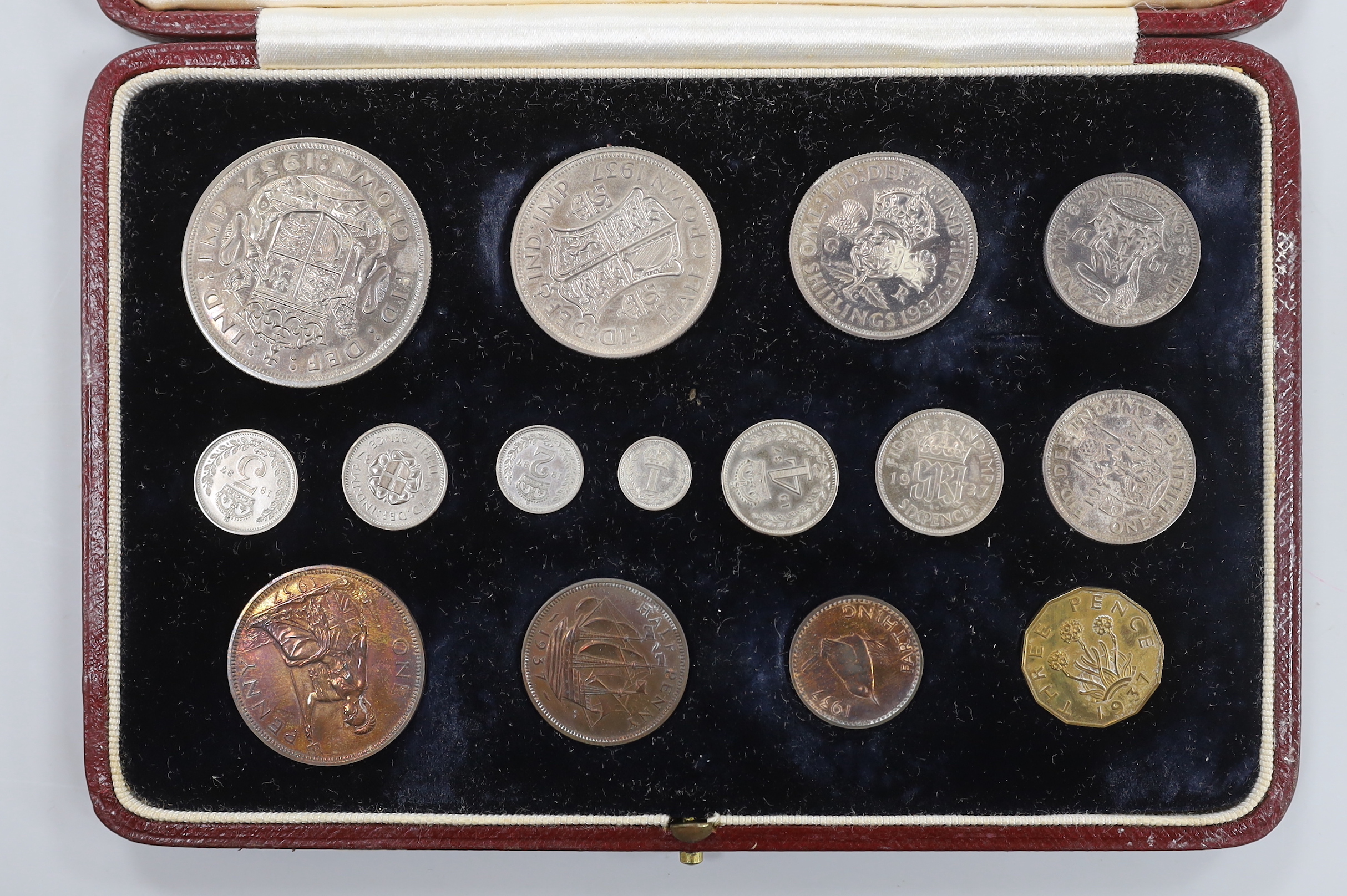 A cased George VI 1937 coronation specimen coin set, Including maundy 1d - 4d, and farthing through to crown, 15 coins